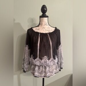 Notations Black Sheer Lace Print Peasant Blouse Women’s Size Small